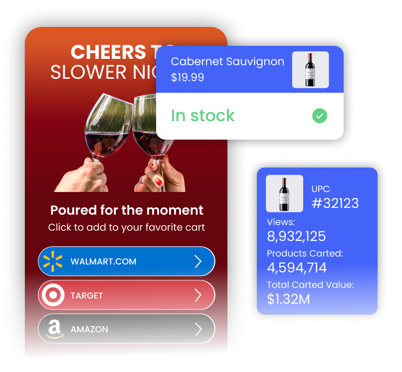 Wine promotion with retailer cart options, local inventory status, and campaign commerce metrics