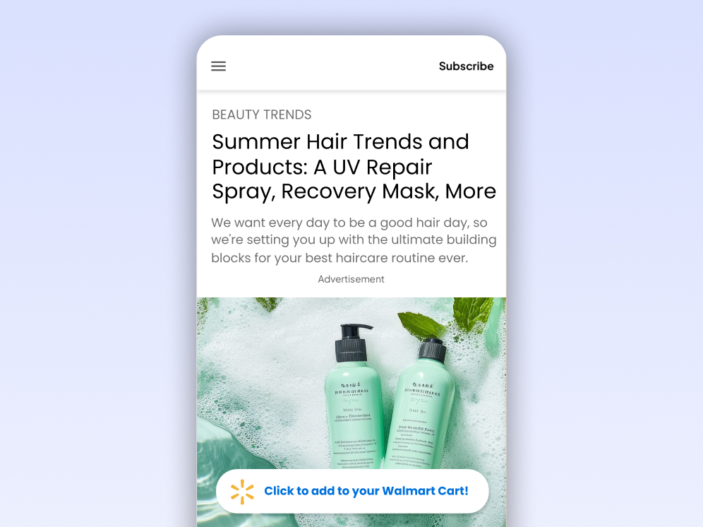 Beauty trends native ad with a single Click to add to your Walmart Cart button