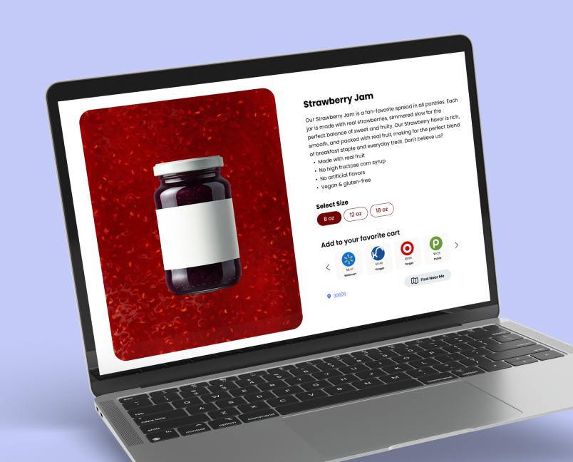 Strawberry Jam product page with size options and retailer add-to-cart buttons