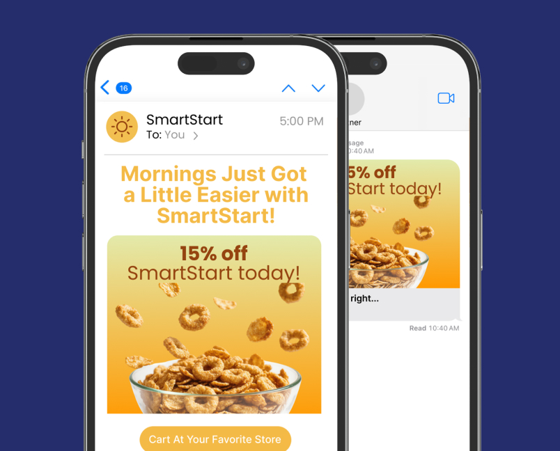 SmartStart cereal email and text message offering 15% off with a Cart at Your Favorite Store button