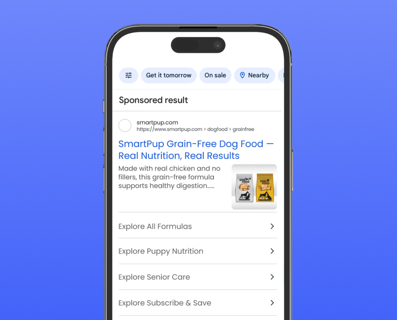 Sponsored search result for SmartPup Grain-Free Dog Food with explore links