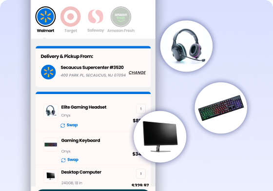 Walmart cart bundling a gaming headset, keyboard, monitor, and desktop computer