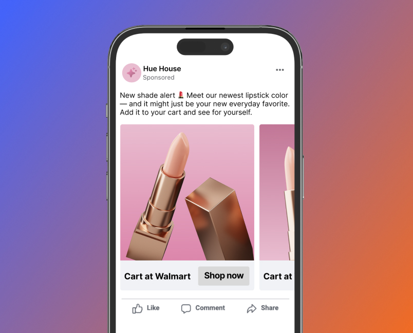 Hue House lipstick Facebook ad with a Cart at Walmart Shop now button