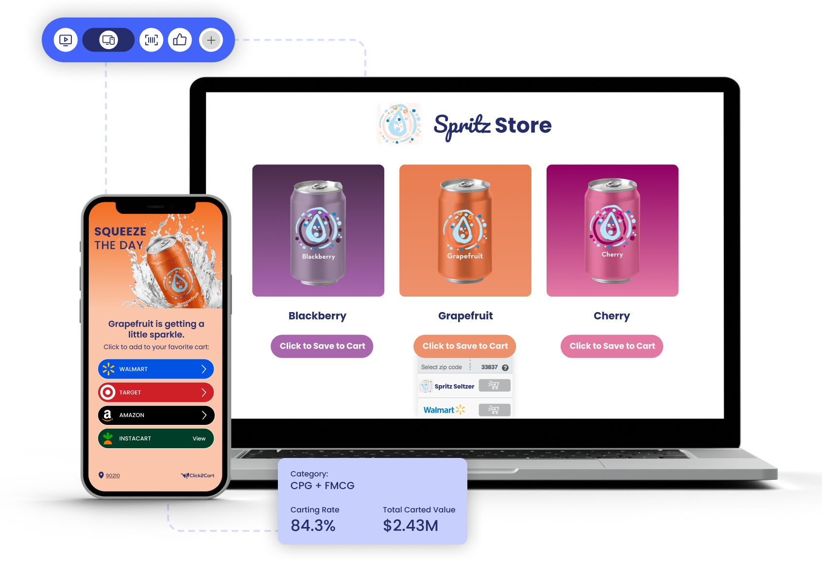 Spritz Store beverage brand website and mobile Click2Cart experience with retailer cart options