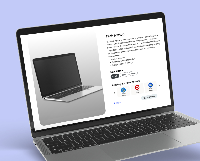 Premium product page with retailer cart and nearby store options displayed on a laptop