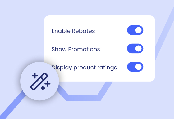 Toggle controls for enabling rebates, promotions, and product ratings
