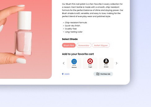 Nail polish product page with a carousel of retailer purchase options