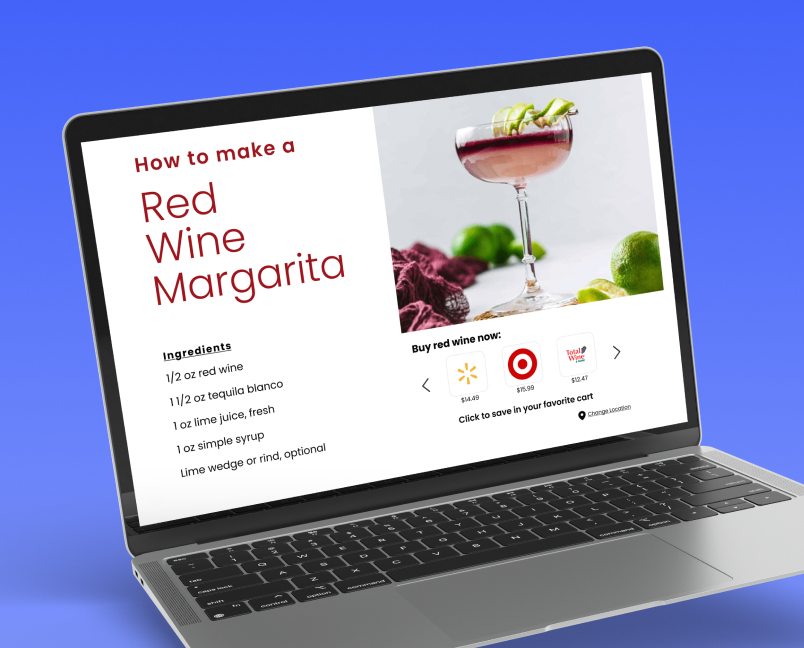 Shoppable recipe and retailer options on a laptop