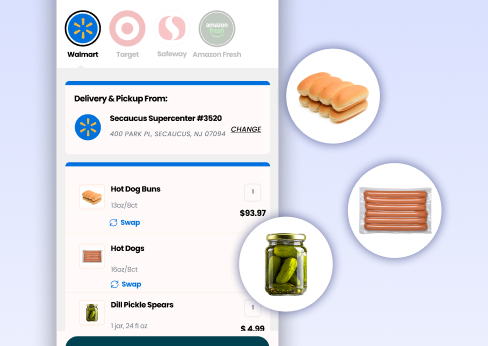 Hot dog meal products bundled into a retailer cart