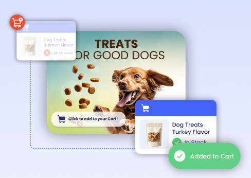 Dog treats ad shown swapping from an out-of-stock Salmon flavor to an in-stock Turkey flavor added to cart