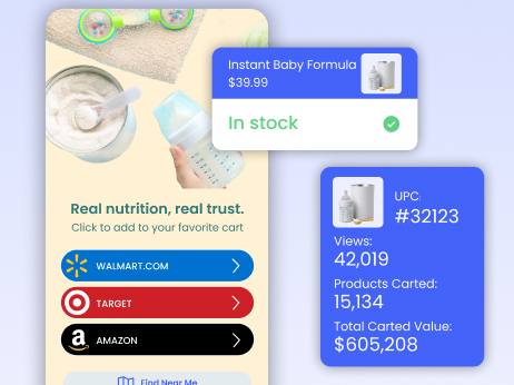 Instant Baby Formula ad showing in-stock status across Walmart, Target, and Amazon with UPC, views, and total carted value stats