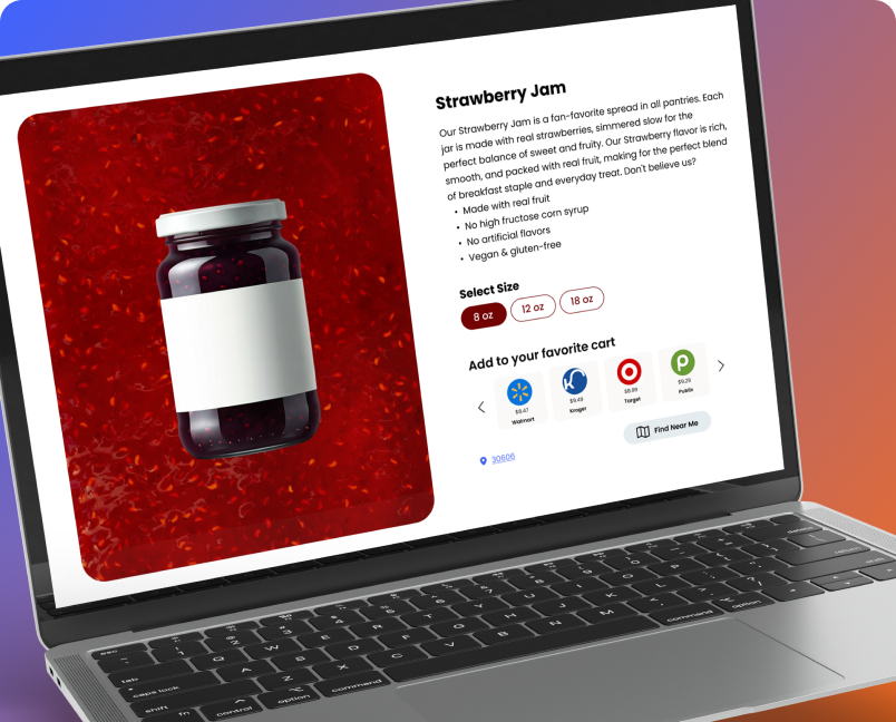 Strawberry Jam product page with retailer cart options on a laptop