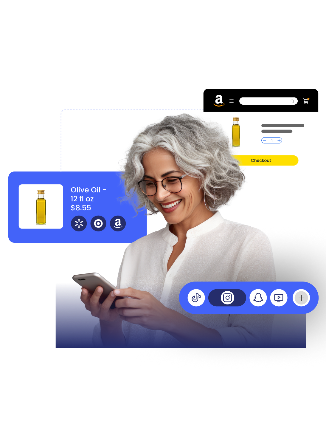 Shopper using a commerce platform connected to social channels and retailer checkout