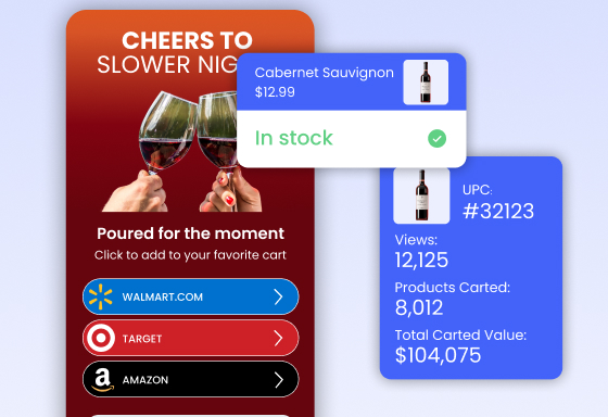 In-stock wine campaign with retailer choices and cart performance metrics