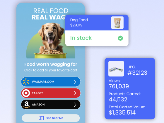 In-stock dog food campaign with retailer choices and cart performance metrics