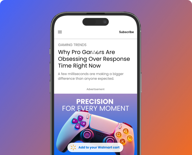 Gaming advertisement with an add-to-Walmart-cart action on a mobile phone